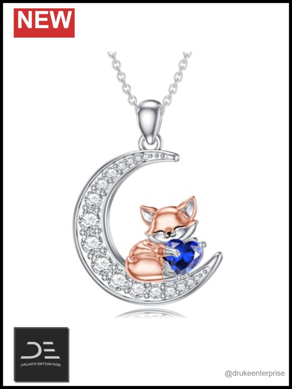 Sterling Silver Fox Moon Pendant Necklace September Birthstone Gift